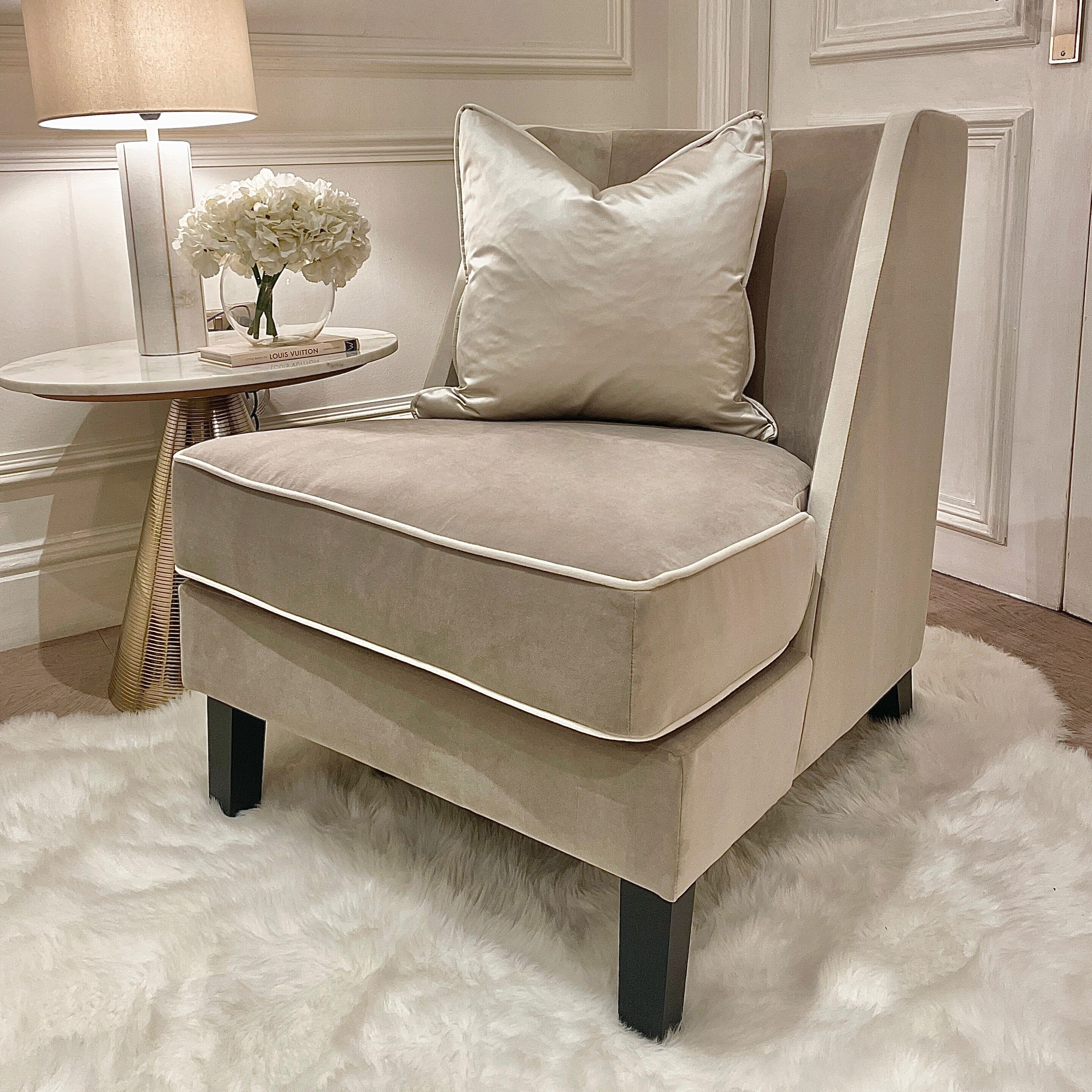 Knightsbridge Mink Velvet Accent Chair With Cream Piping MTO Sofa