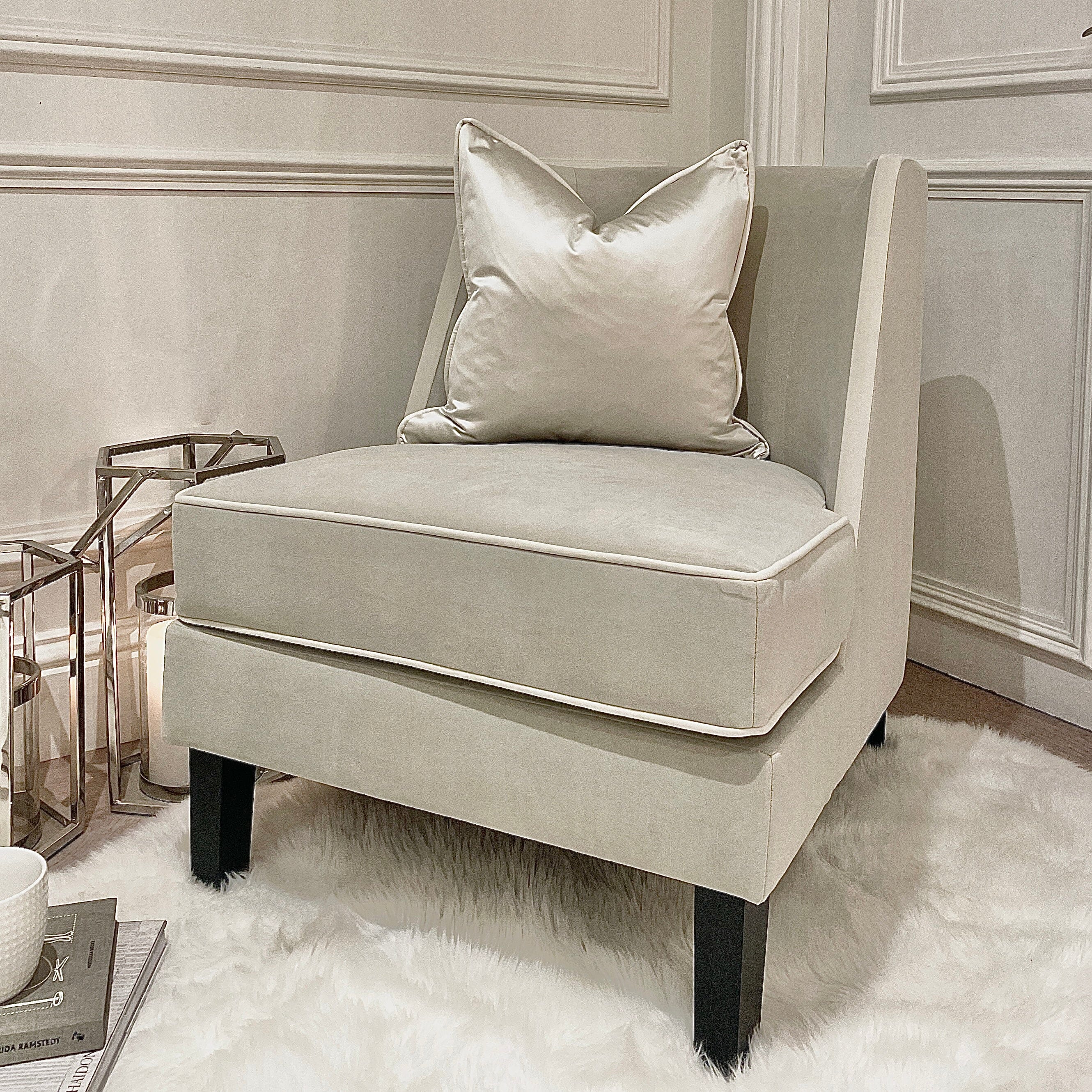 Knightsbridge Smoke Grey Velvet Accent Chair With Cream Piping MTO Sofa