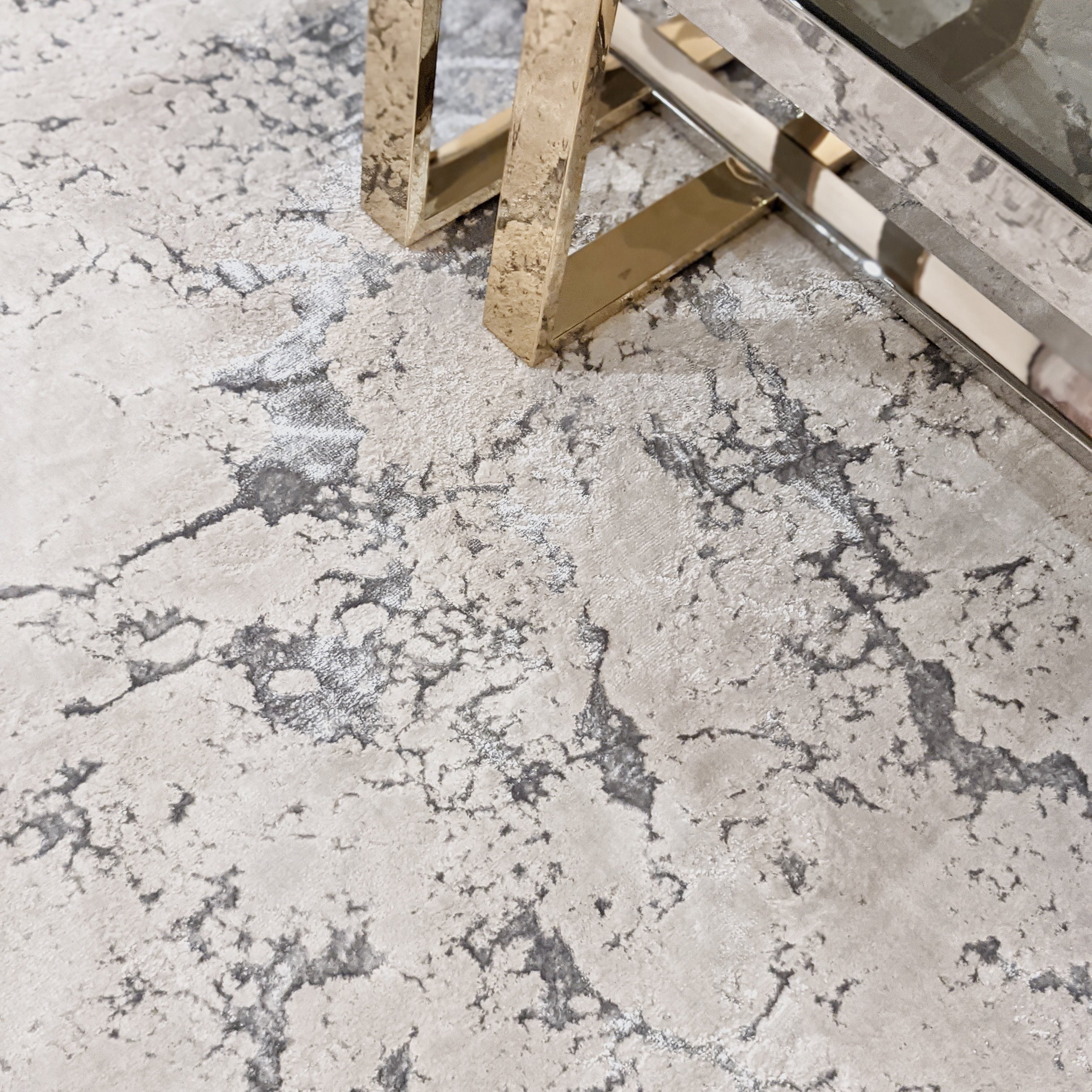 Nebula Cream & Metallic Silver Marble Velvet Rug Rug