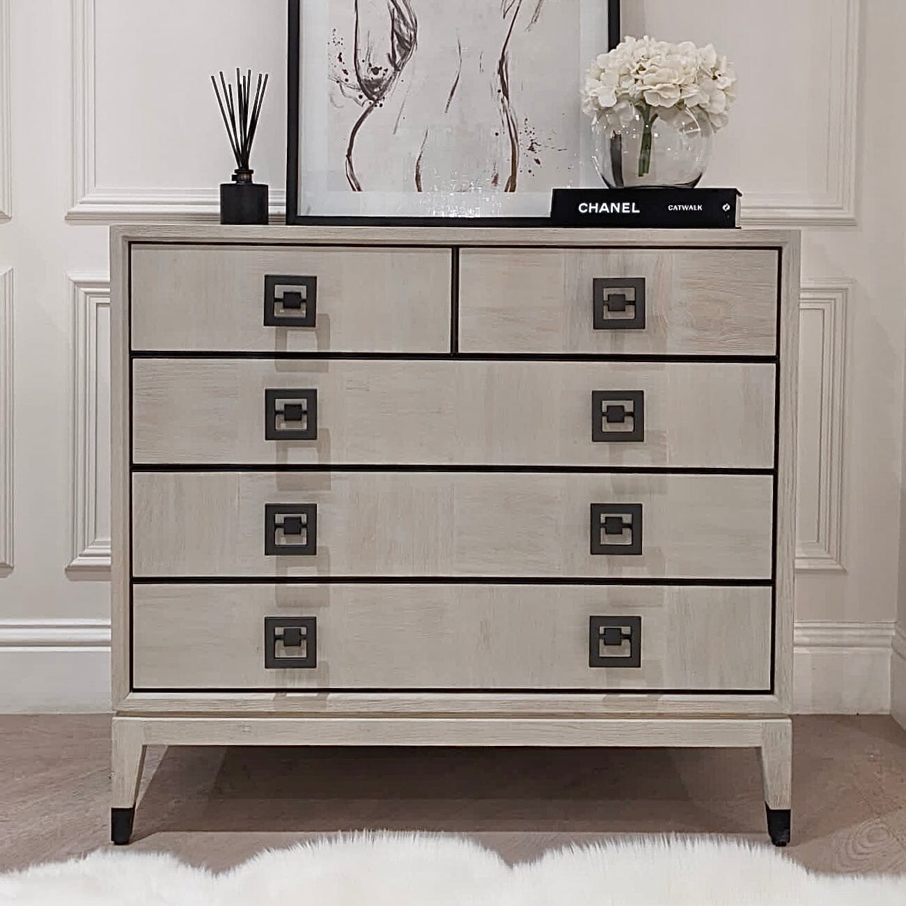 Rosa White Wash Oak Veneer 5 Drawer Chest