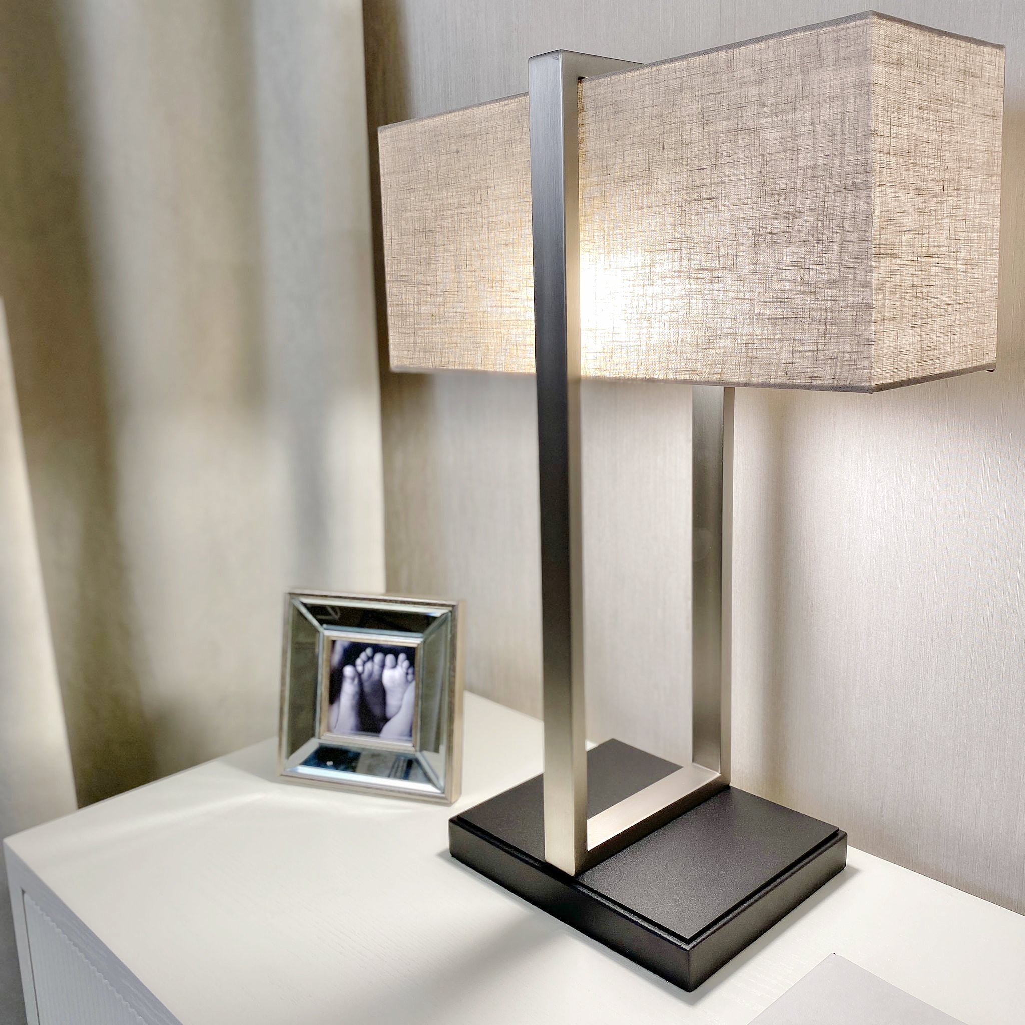 Tarla Rectangular Nickel Table Lamp with Neutral Shade Lighting