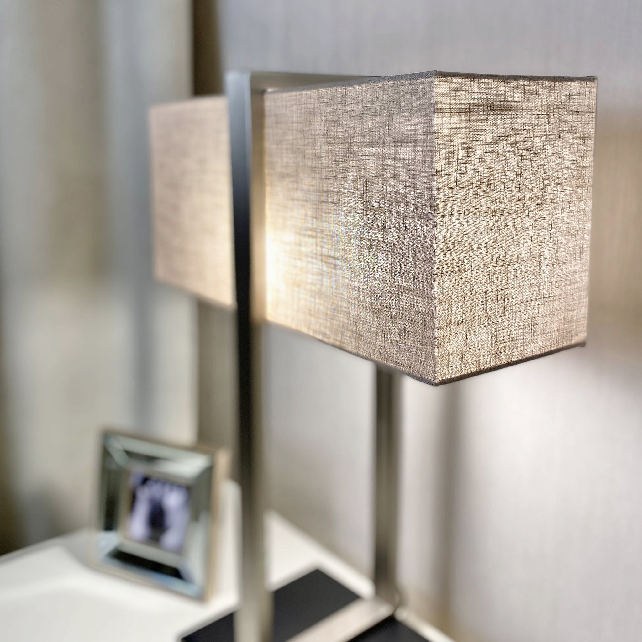 Tarla Rectangular Nickel Table Lamp with Neutral Shade Lighting