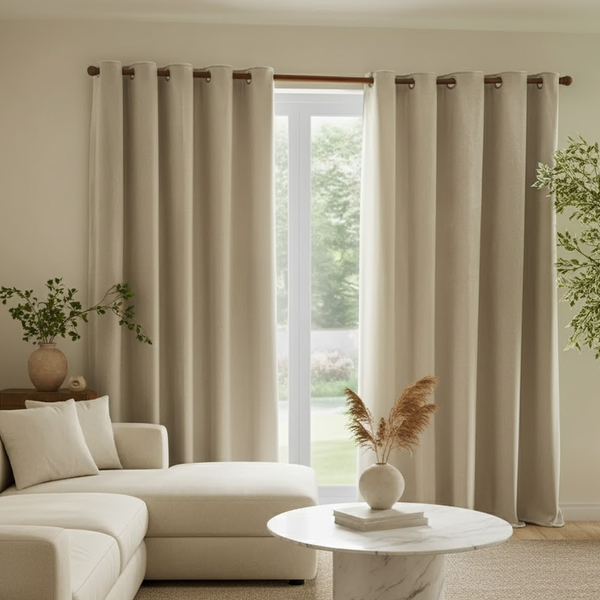 Elowise Beige Heavy Chenille Eyelet Curtain Pair