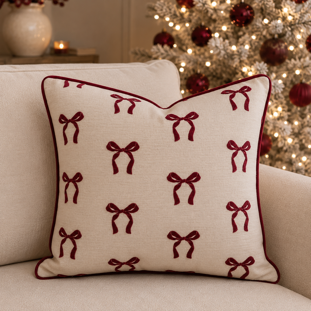 Belle Burgundy Bow Print Feather Filled Cushion - 45x45cm