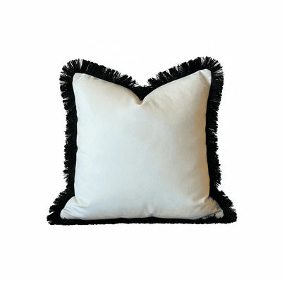 Melina Cream Velvet Cushion Cover with Black Fringe Detailing - 50x50cm