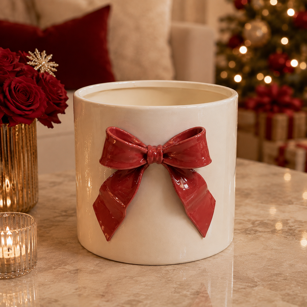 Decorative Planter with Red Bow