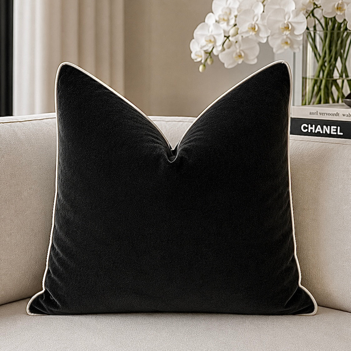 Juniper Black & Cream Velvet Feather Filled Cushion - 45x45cm