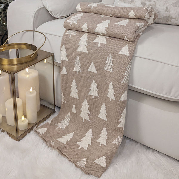 Taupe & Cream Festive Christmas Tree Print Throw