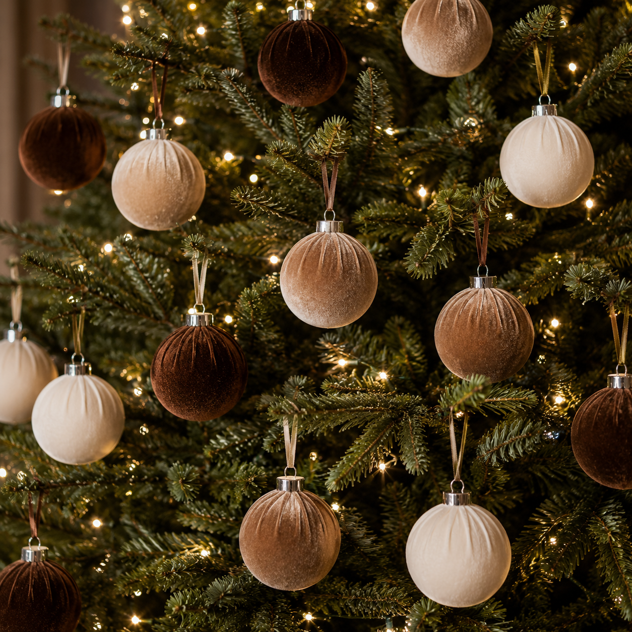 Luxury Brown & Cream Velvet Baubles - Set of 15
