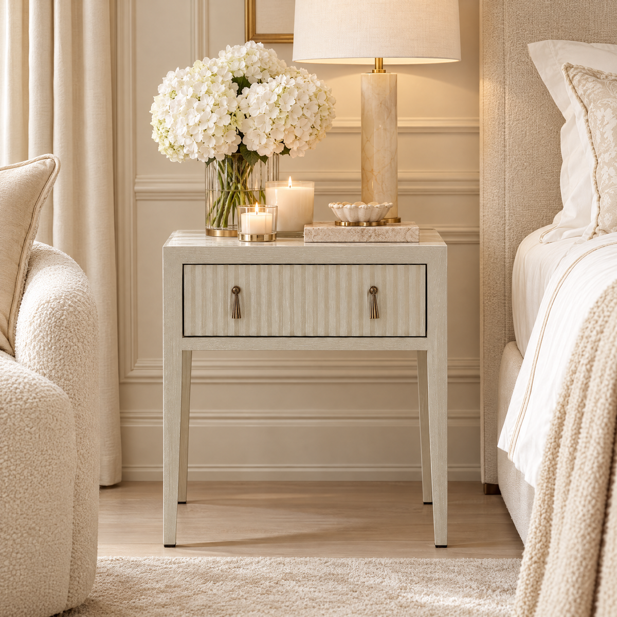 Lettos Whitewash Wooden Ribbed Front 1 Drawer Bedside Table