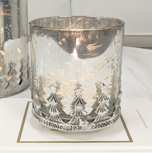 Antique Silver Speckled Christmas Tree Decorative Candle Holder