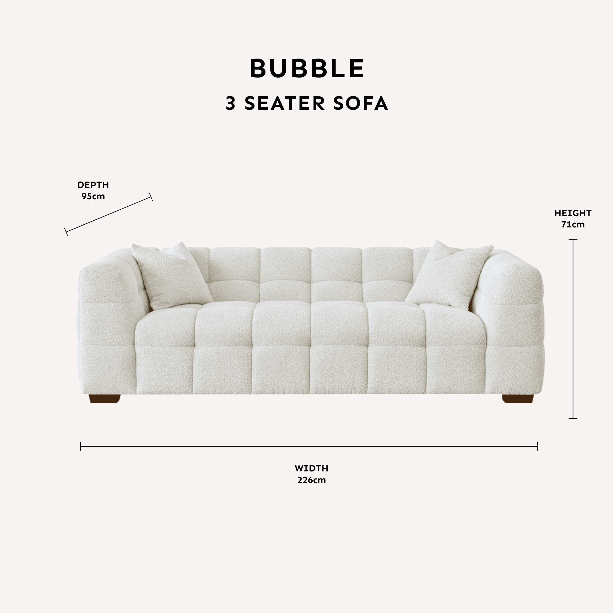 Bubble Tufted Pearl Grey Boucle 3 Seater Sofa dimensions