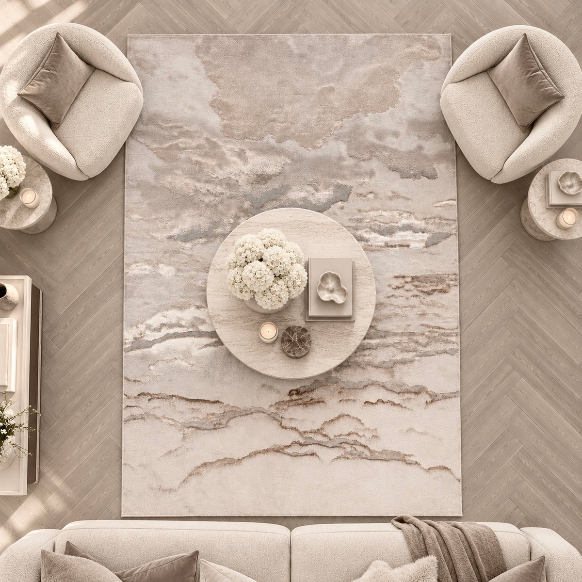 Astoria Cream & Metallic Gold Marble Velvet Rug With Grey Tones