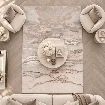 Astoria Cream & Metallic Gold Marble Velvet Rug With Grey Tones