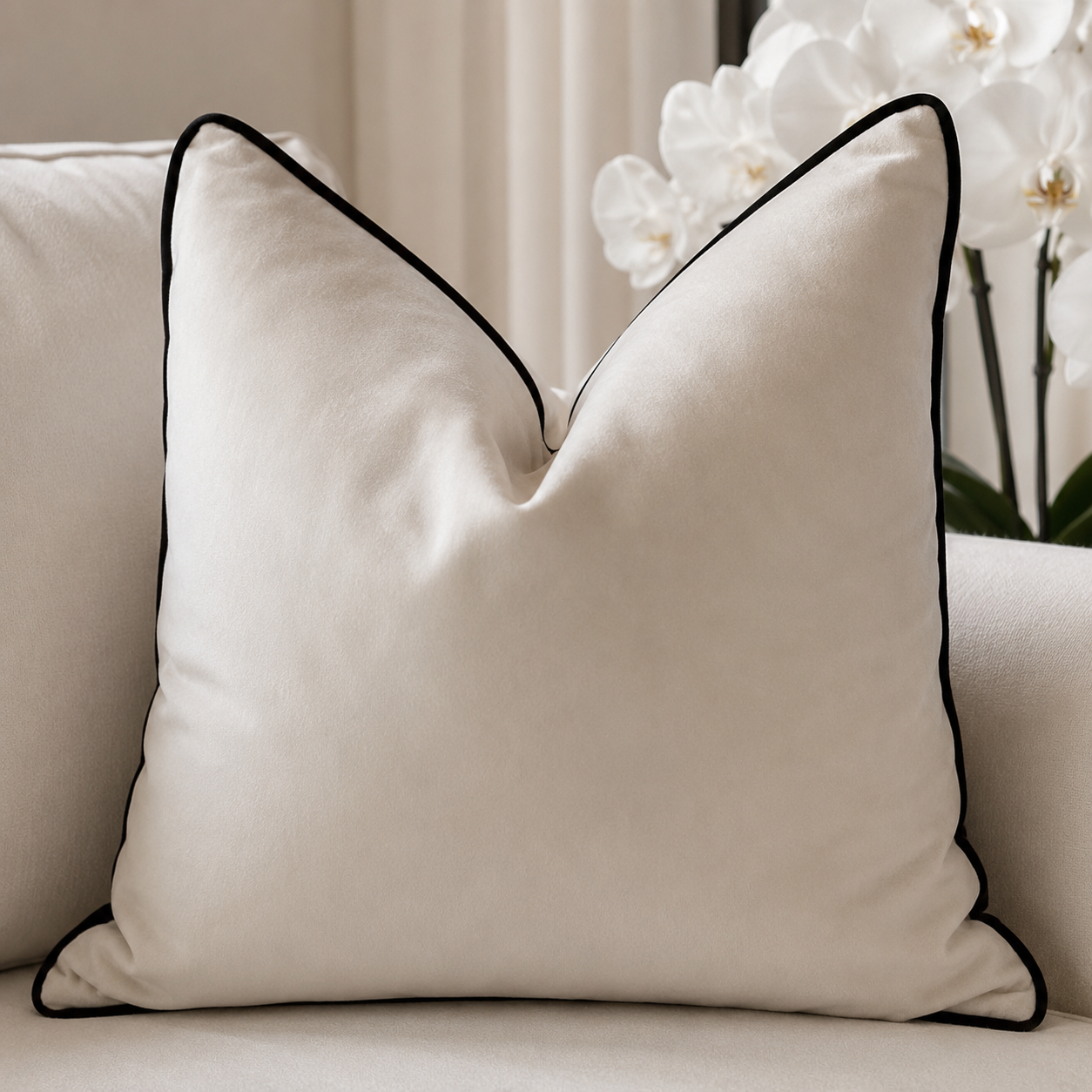 Juniper Cream & Black Velvet Feather Filled Cushion - 45x45cm