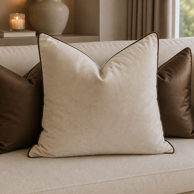 Juniper Cream & Chocolate Velvet Feather Filled Cushion - 45x45cm