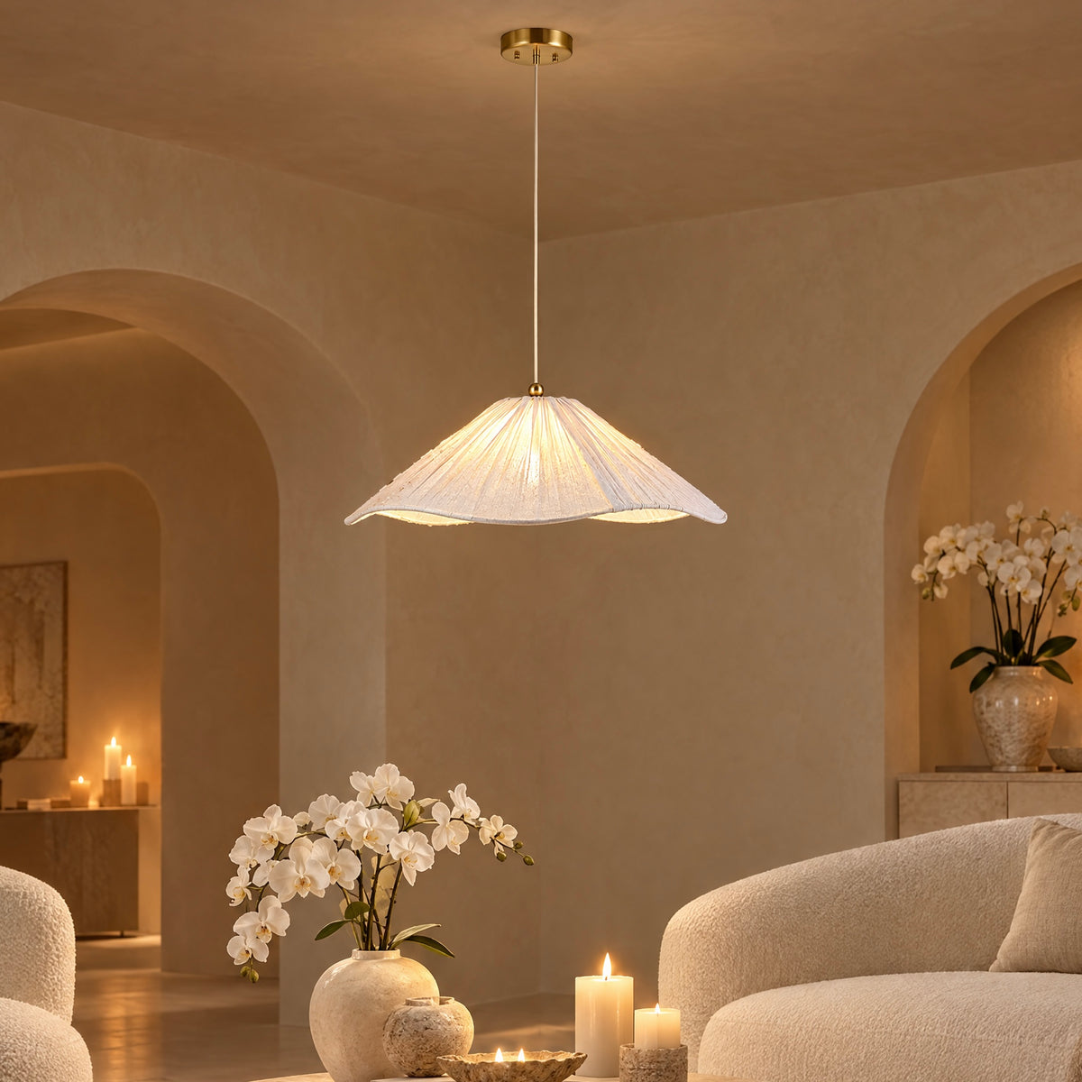 Jasmine Large Cream Fabric Wavy Edge Pendant Ceiling Light