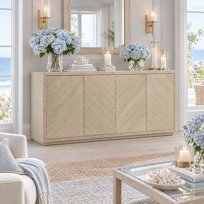 Cecily Luxury Washed Wood Herringbone 4 Door Sideboard