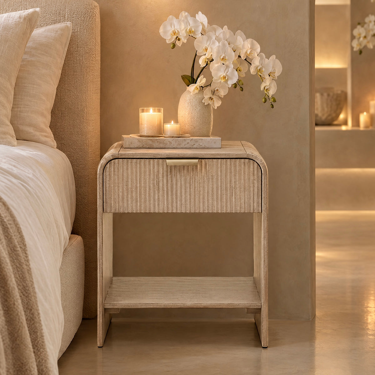 Penelope Luxury Ribbed Wooden 1 Drawer Bedside Table