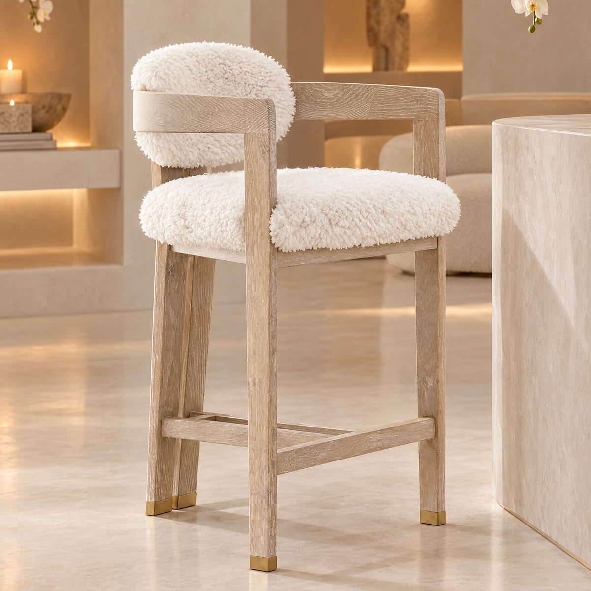 Zenith Faux Sheepskin & Washed Wood Bar Stool