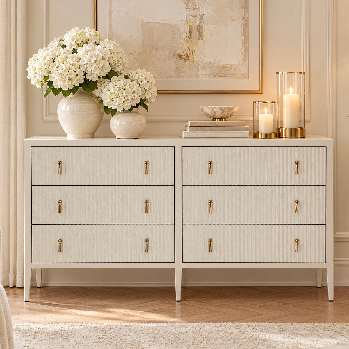 Lettos Whitewash Wooden Ribbed Front 6 Drawer Chest