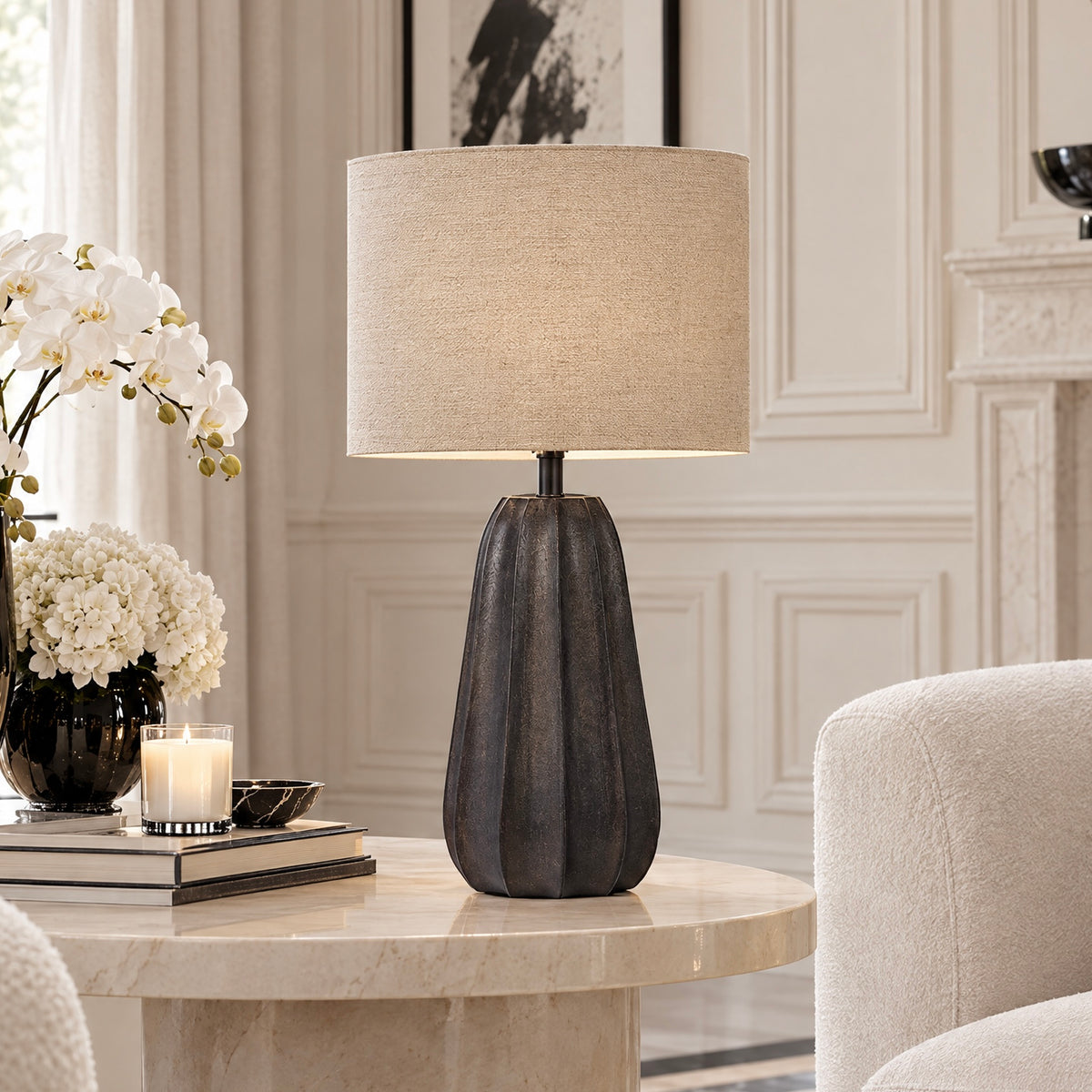 Kimpala Black Tall Textured Wooden Table Lamp with Cream Shade