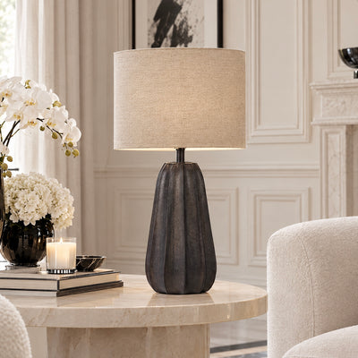 Kimpala Black Tall Textured Wooden Table Lamp with Cream Shade