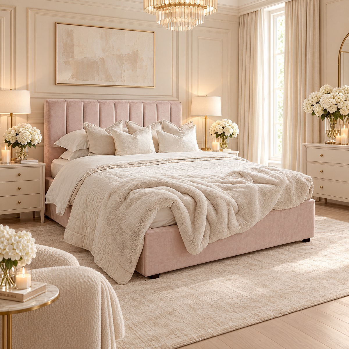 Jessabelle Luxury Petal Pink Velvet Panelled Bed