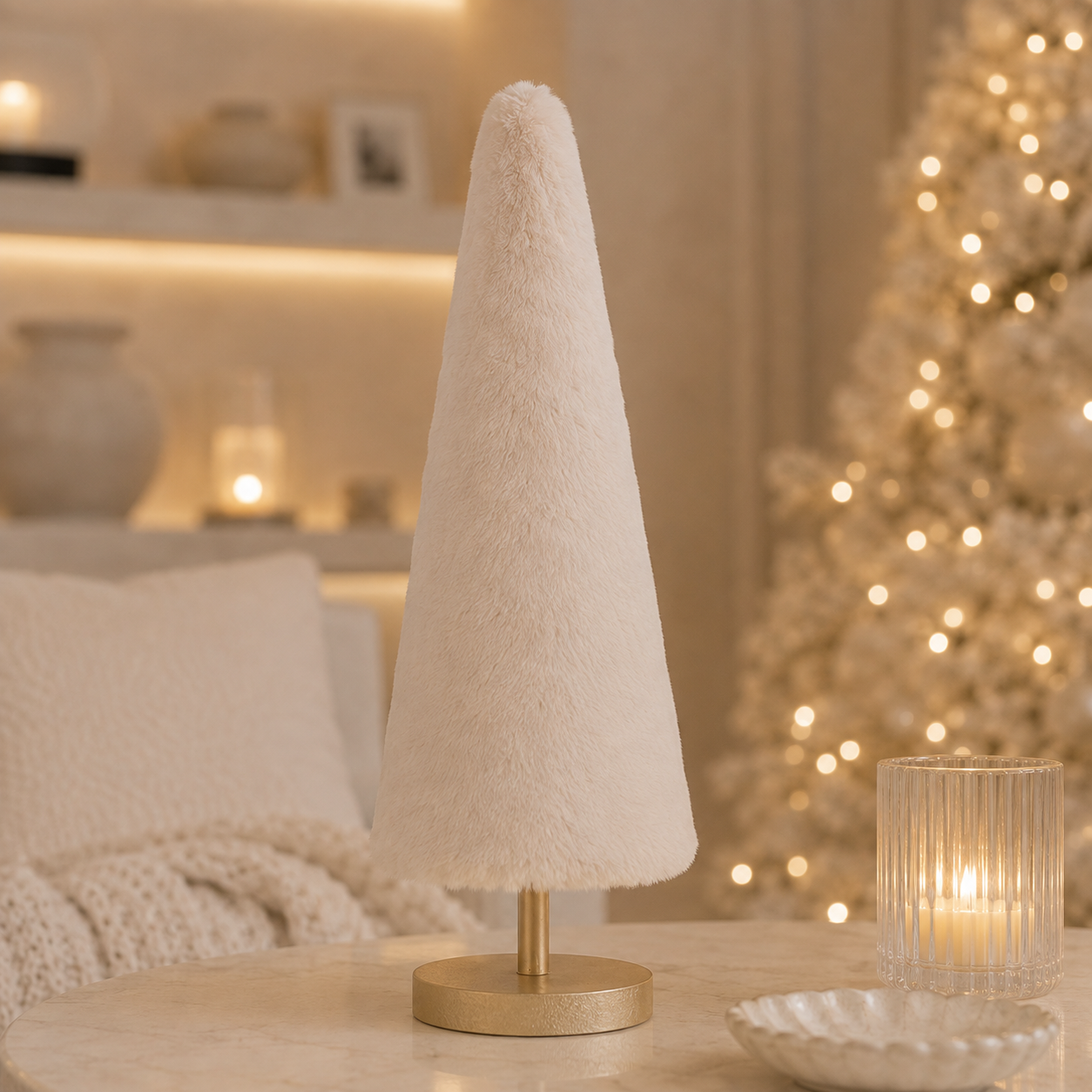 Large Decorative Faux Fur Cream Christmas Tree Ornament