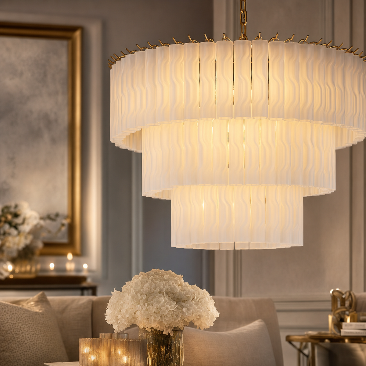 Ophelia Large Luxury Frosted Glass 3 Tier Chandelier