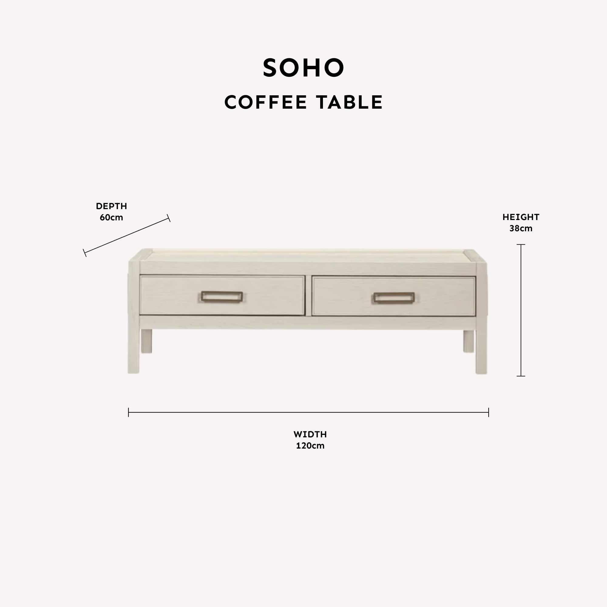 Soho Cream Oak Veneer 2 Drawer Coffee Table dimensions