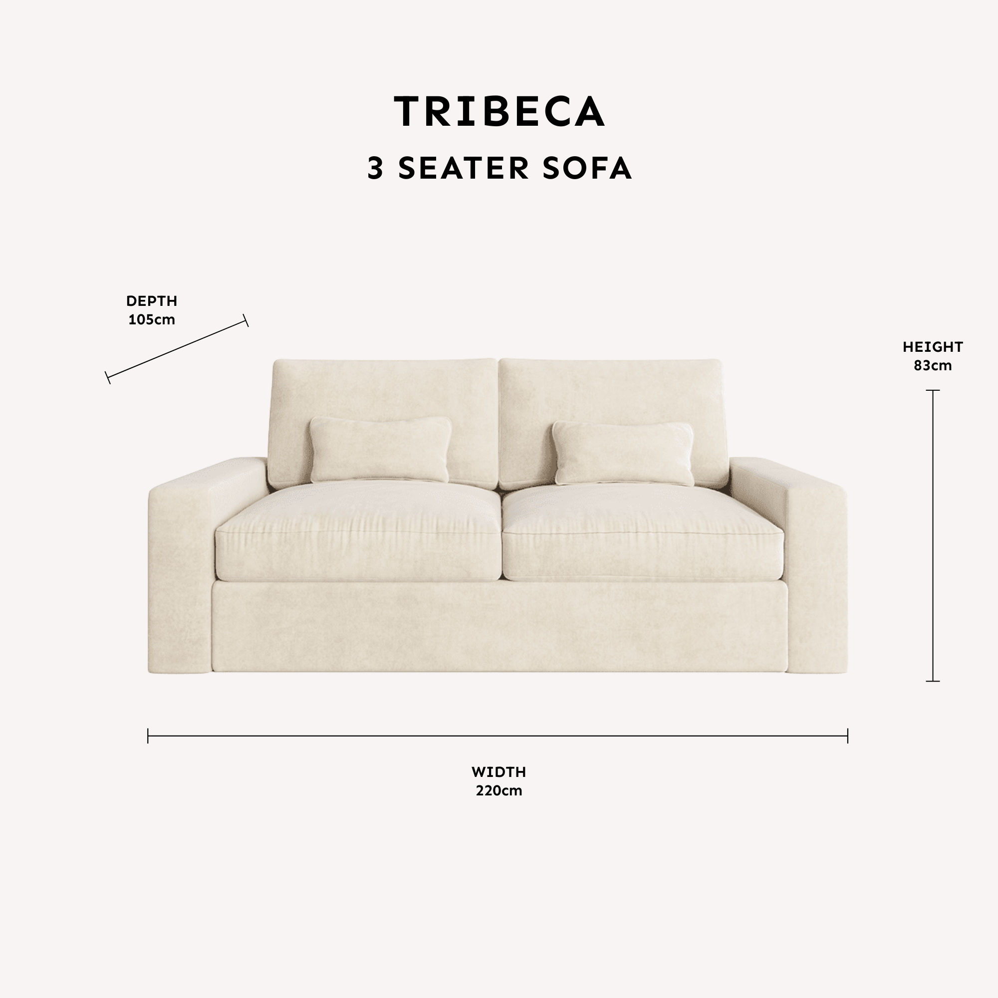 Tribeca Ash Greige 3 Seater Sofa dimensions