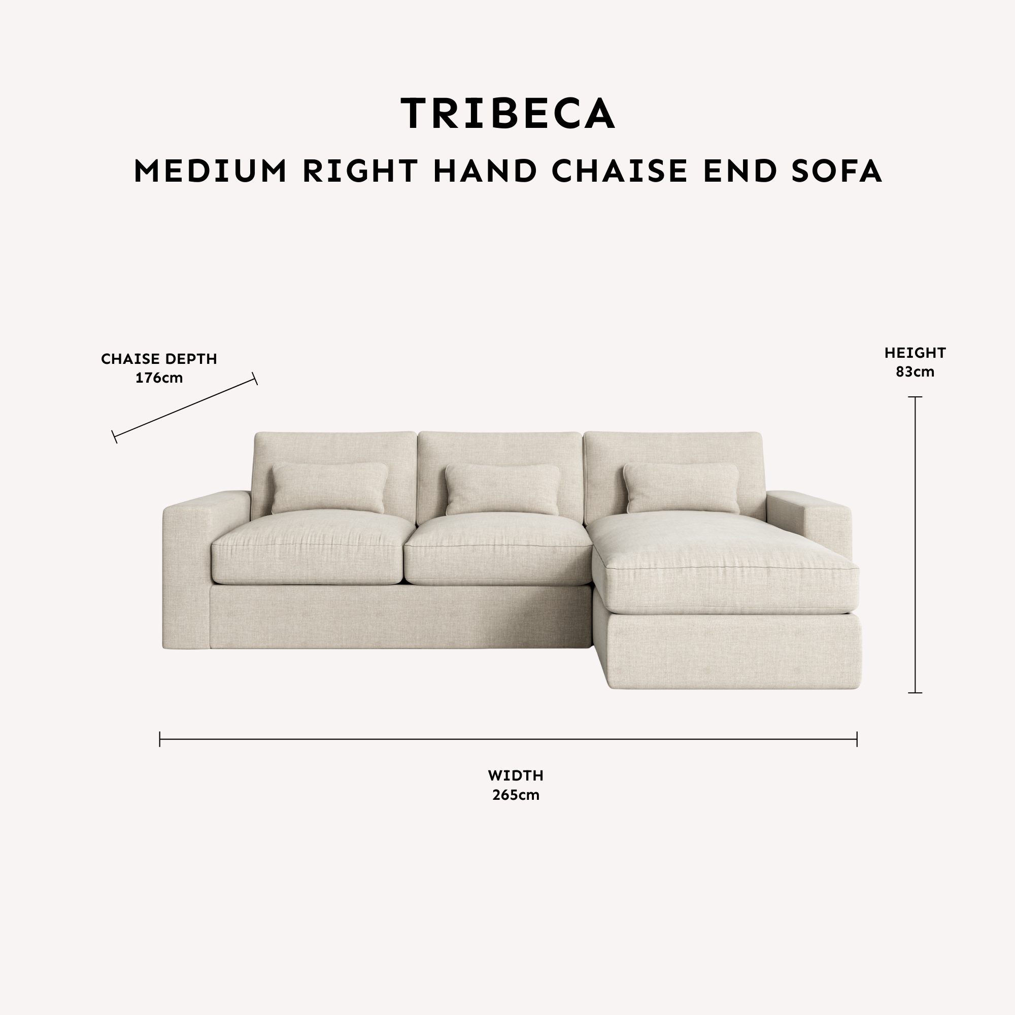 Tribeca Warm Grey Medium Right Hand Facing Chaise End Sofa dimensions