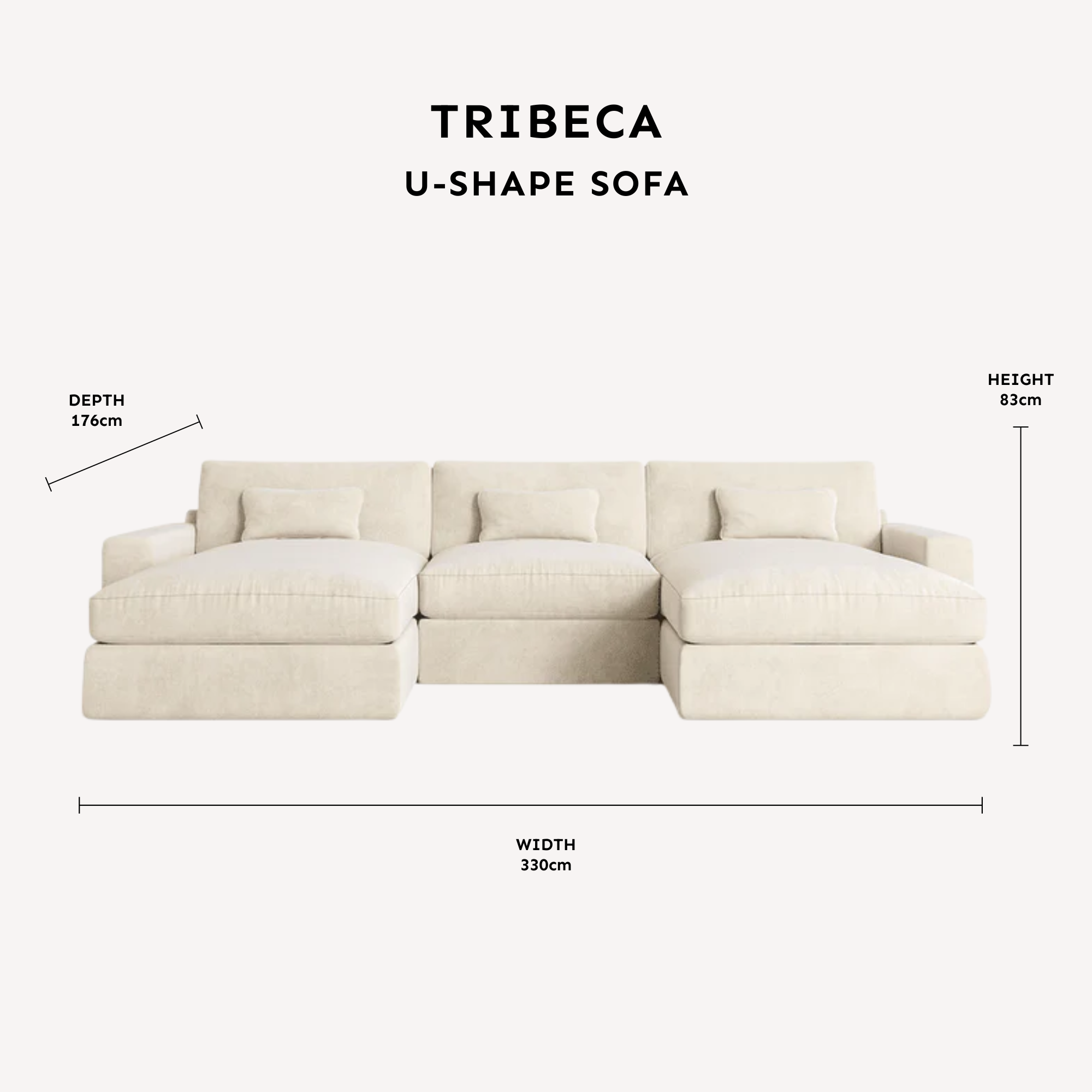 Tribeca Mink Velvet Large U Shape Sofa dimensions