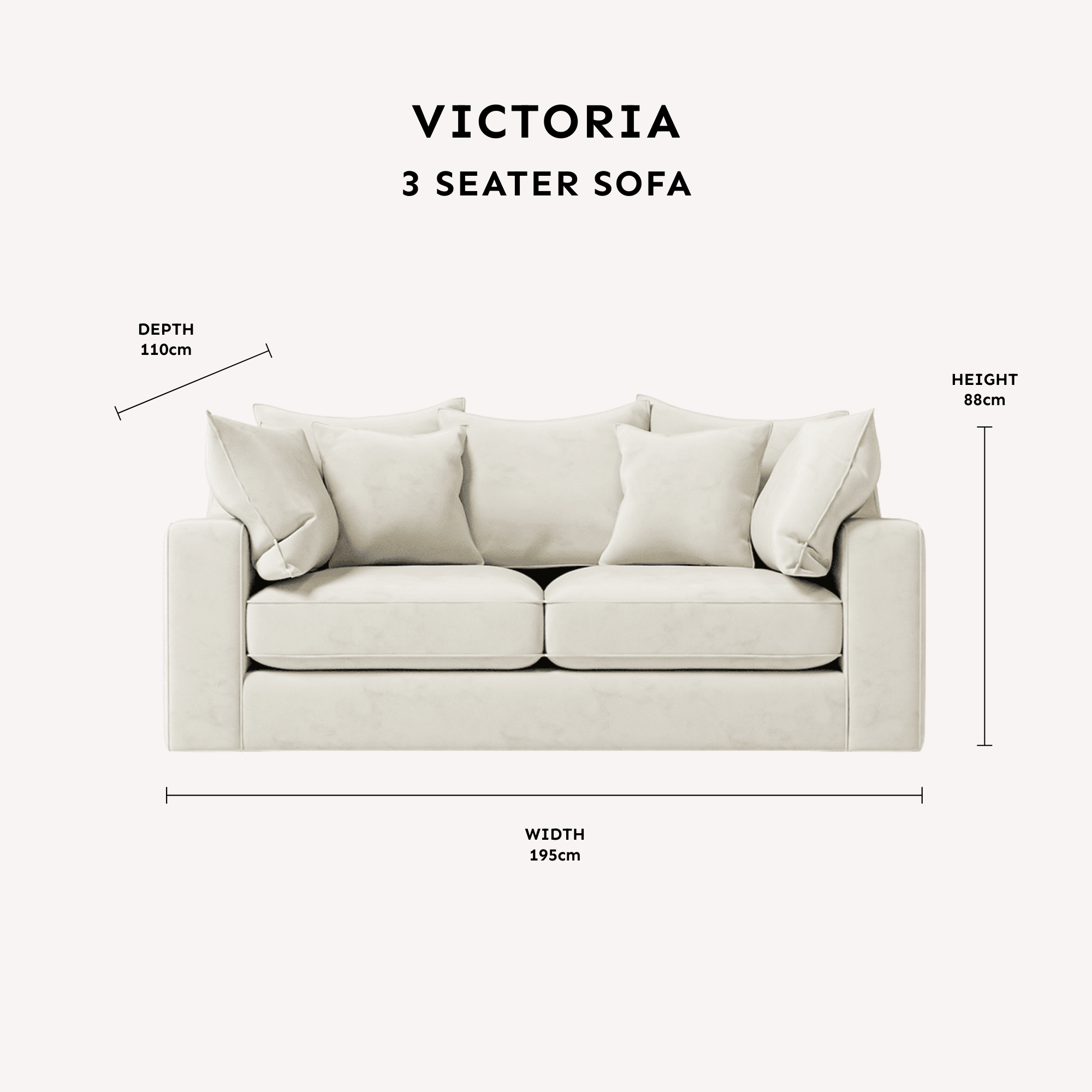 Victoria Silver 3 Seater Pillow Back Sofa dimensions