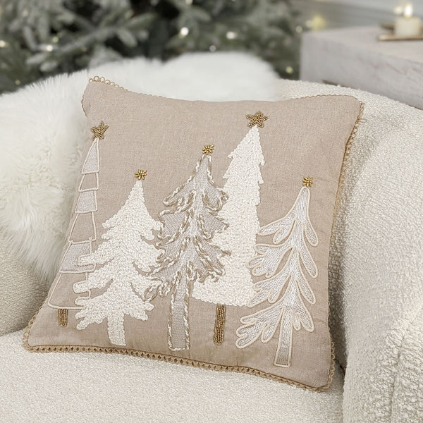 White & Beige Festive Tree Scene Cushion - 45 x 45cm