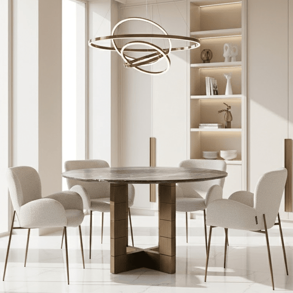 Abitha Luxury Brushed Gold Round Dining Table with Black Marble Top Furniture 