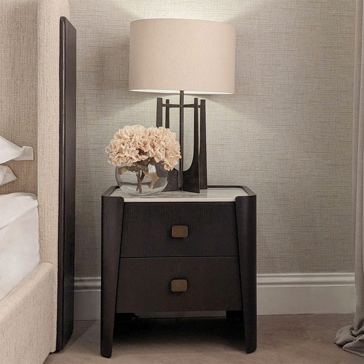 Adalynn Black Wooden 2 Drawer Bedside Table with Faux Marble Top Furniture 