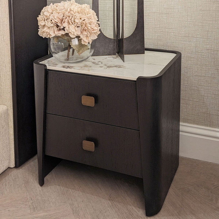 Adalynn Black Wooden 2 Drawer Bedside Table with Faux Marble Top Furniture 