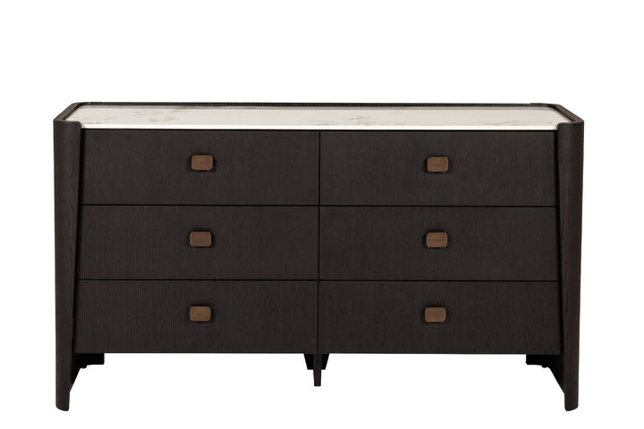 Adalynn Black Wooden 6 Drawer Chest with Faux Marble Top Furniture 