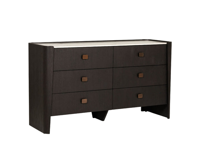 Adalynn Black Wooden 6 Drawer Chest with Faux Marble Top Furniture 