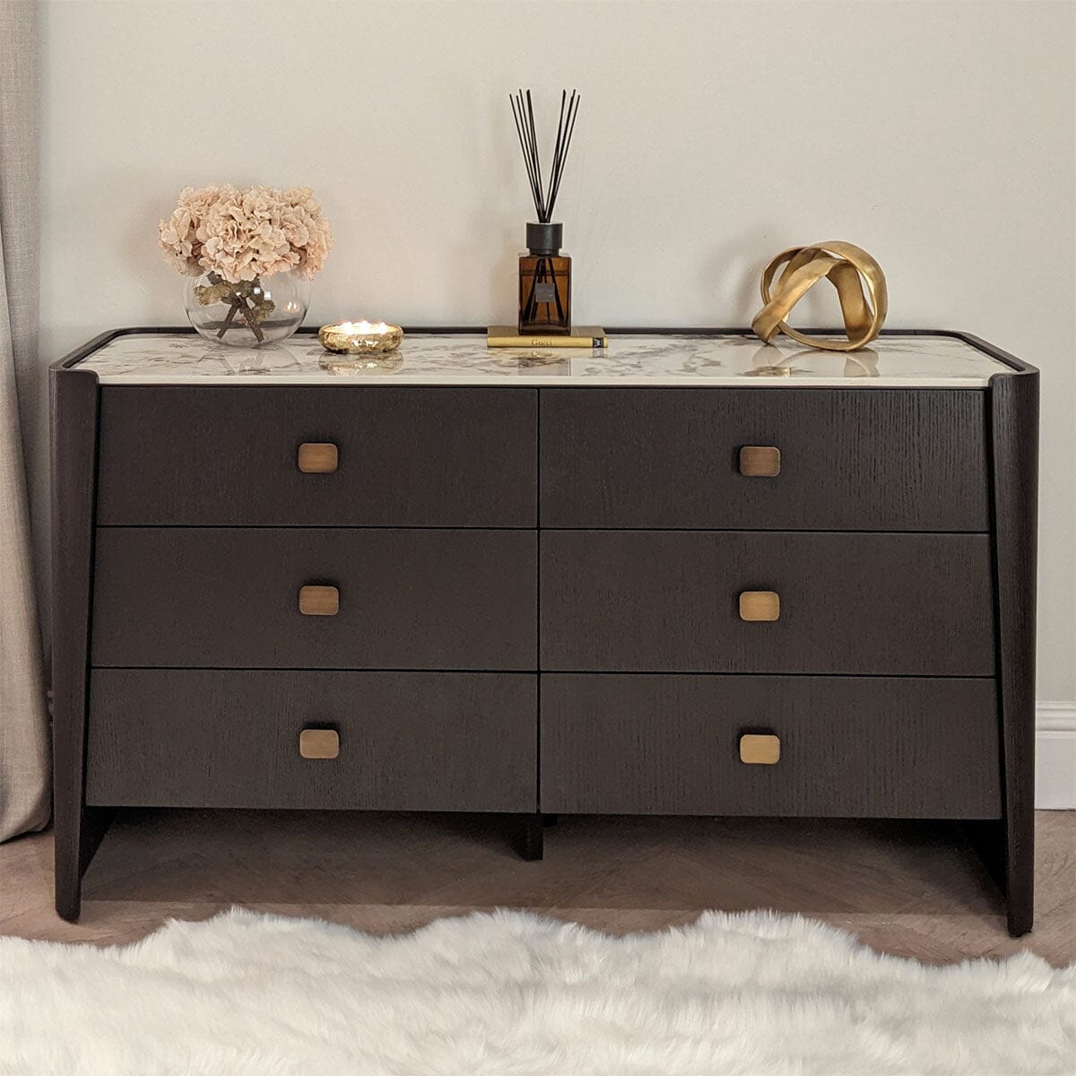 Adalynn Brown Wooden 6 Drawer Chest with Faux Marble Top – Rowen Homes
