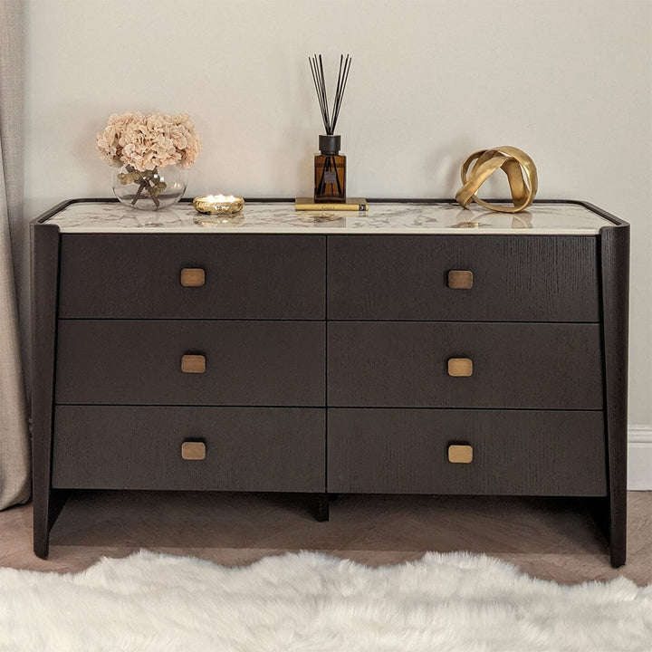 Adalynn Black Wooden 6 Drawer Chest with Faux Marble Top Furniture 