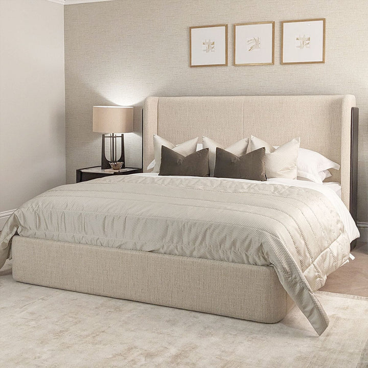 Adalynn Natural Textured Fabric Bed with Black Wooden Detail Beds and Headboards 