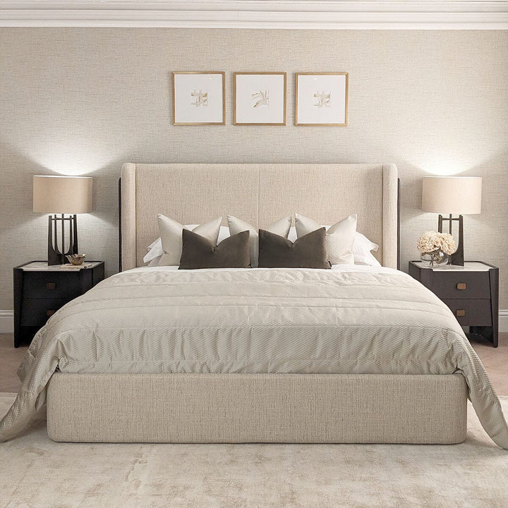 Adalynn Natural Textured Fabric Bed with Black Wooden Detail Beds and Headboards 