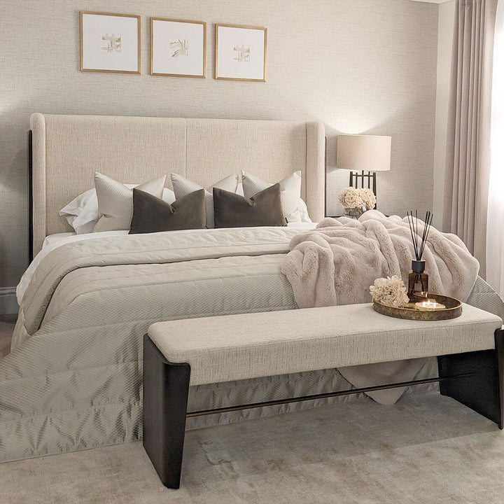 Adalynn Natural Textured Fabric Bed with Black Wooden Detail Beds and Headboards 