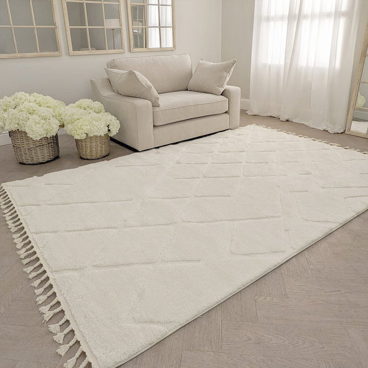 Adira Vanilla Shaggy Tasselled Geometric Rug Textiles 