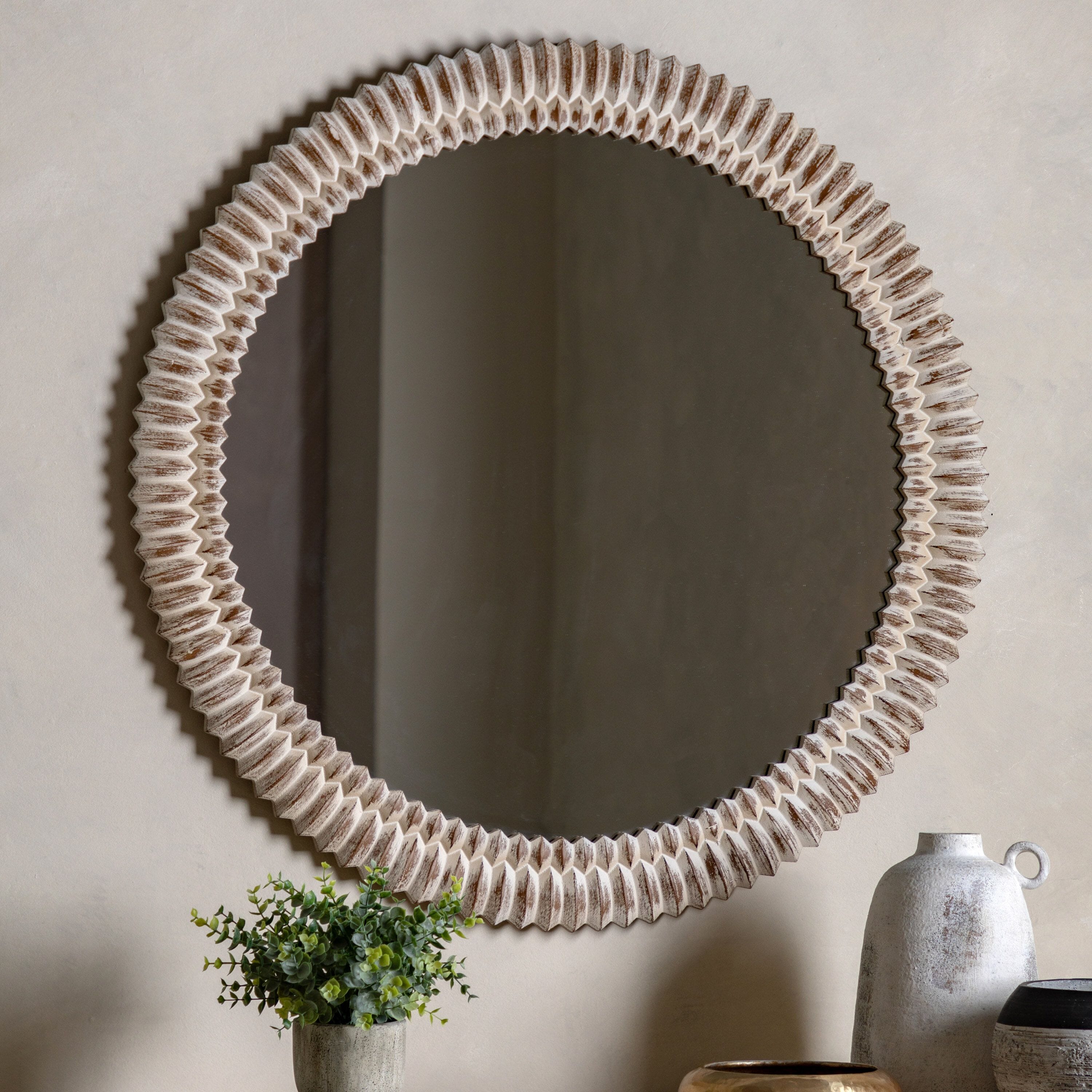 Agara Round White Wash Distressed Textured Mirror Accessories 