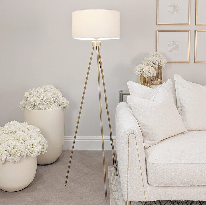 Akira Gold Tripod Floor Lamp with Ivory Shade – Rowen Homes