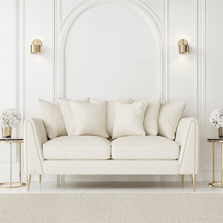 Alaina Cloud Bouclé Scatter Back 2 Seater Sofa with Gold Legs Sofa 